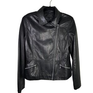 Context Black Leather Moto Jacket Womens Size 10 Asymmetrical Zip Biker Style